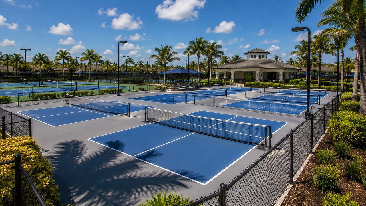 Blue pickleball courts with tennis courts and a covered pavilion in the background